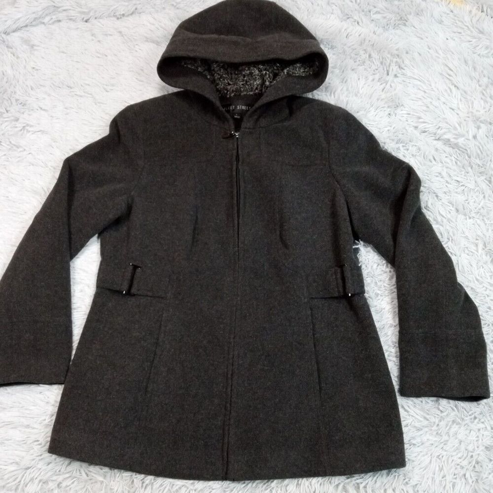 Fleet Street Womens Jacket Gray L Wool Blend Hood Pockets Lined Coat Career